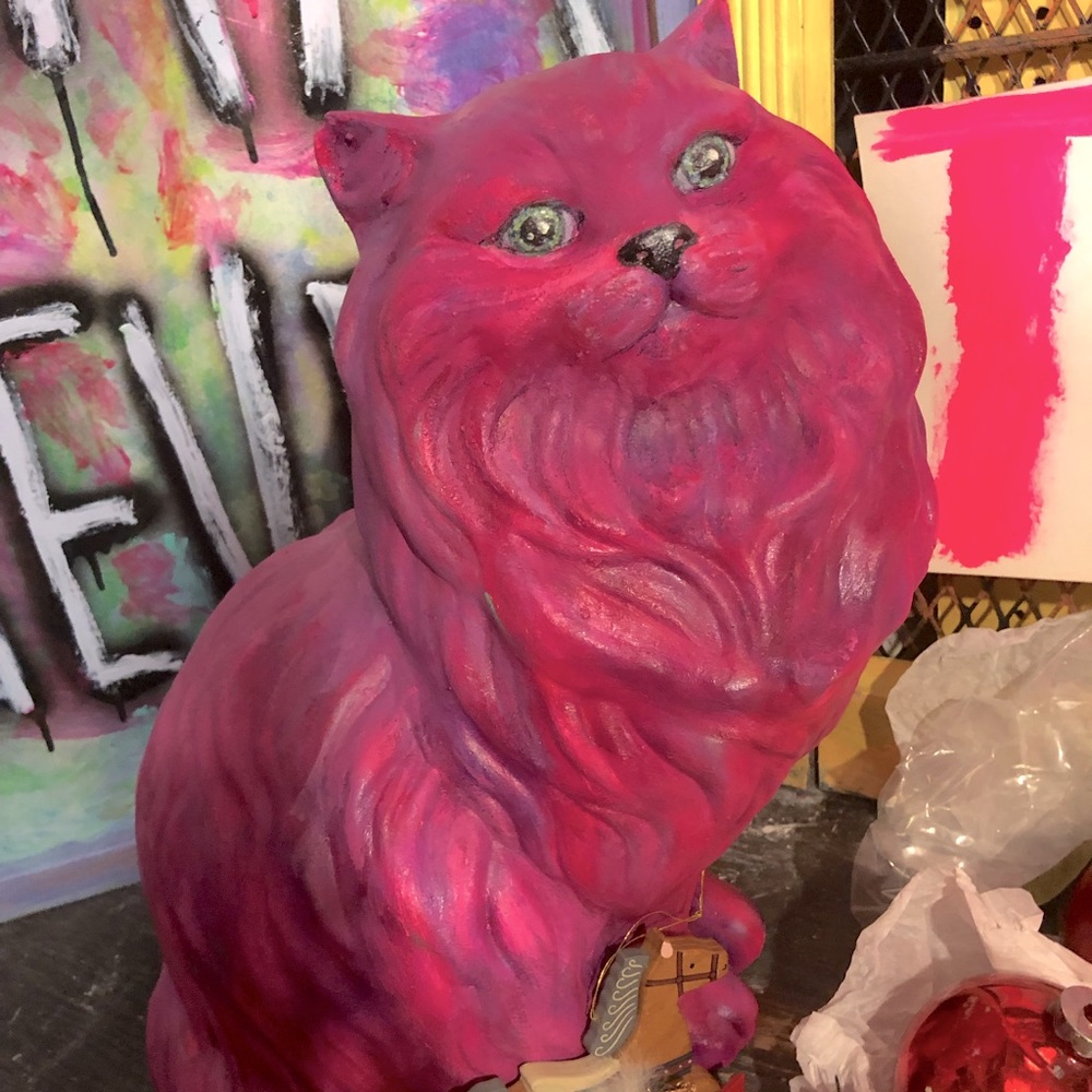 VINTAGE CERAMIC CAT STATUE - NEON PINK, HAND-PAINTED AND OOAK!